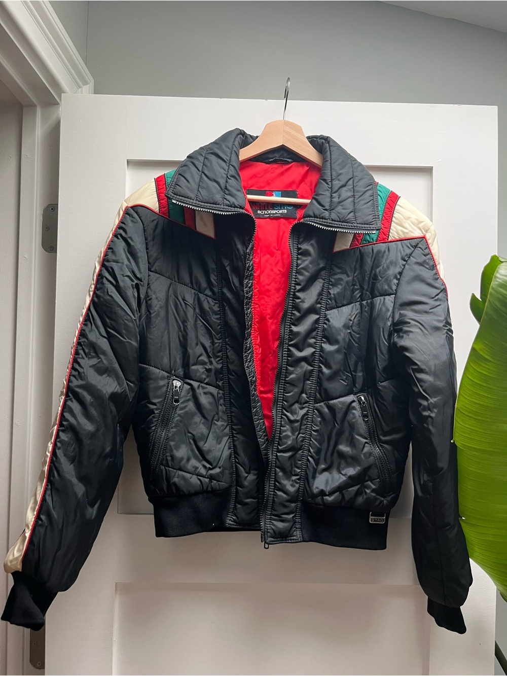 White Stag Black Quilted Puffer Jacket with Red & Teal Accents